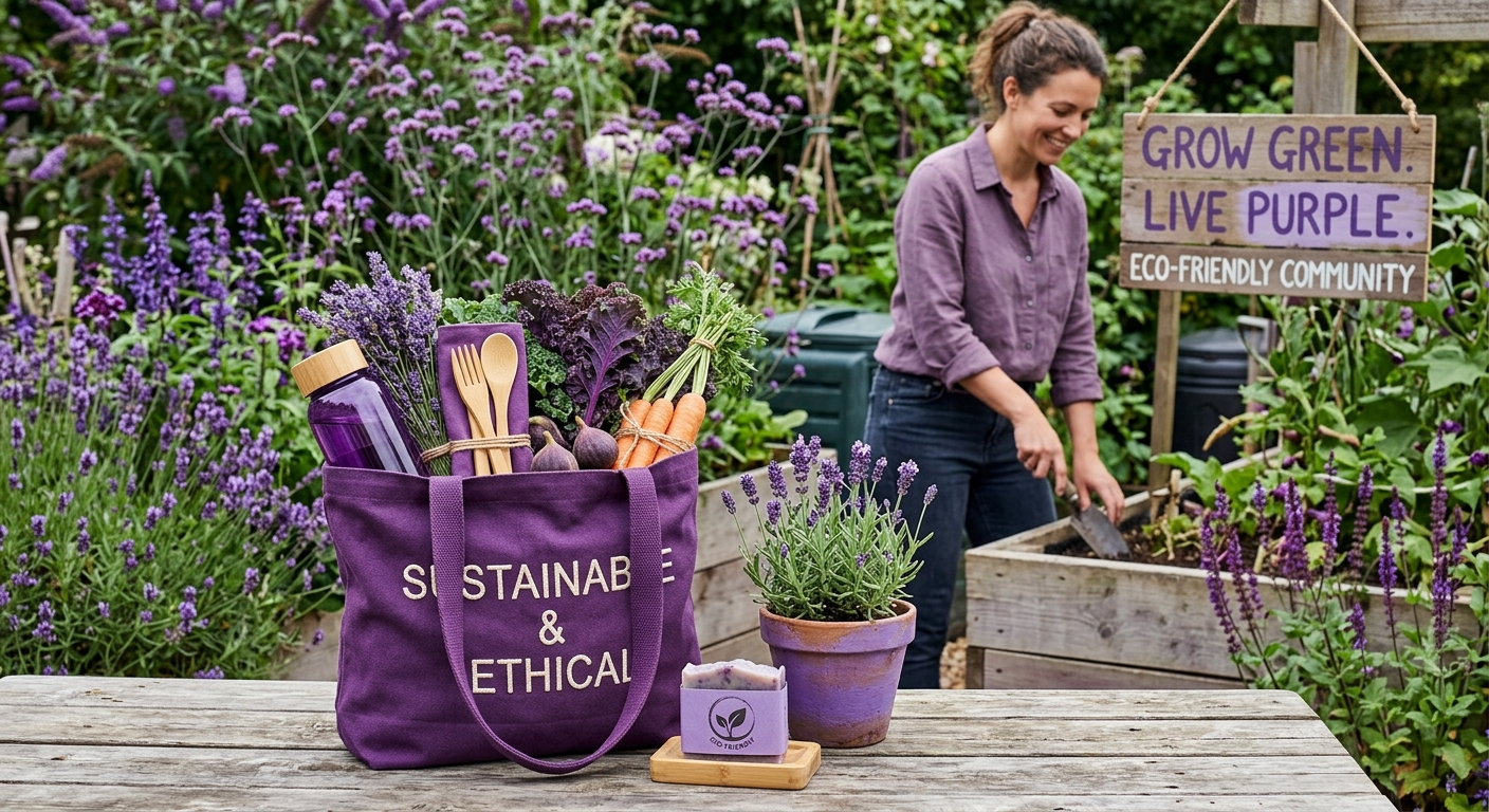 A purple tote of garden vegetables and lavender on a table, with a gardener tending raised beds behind